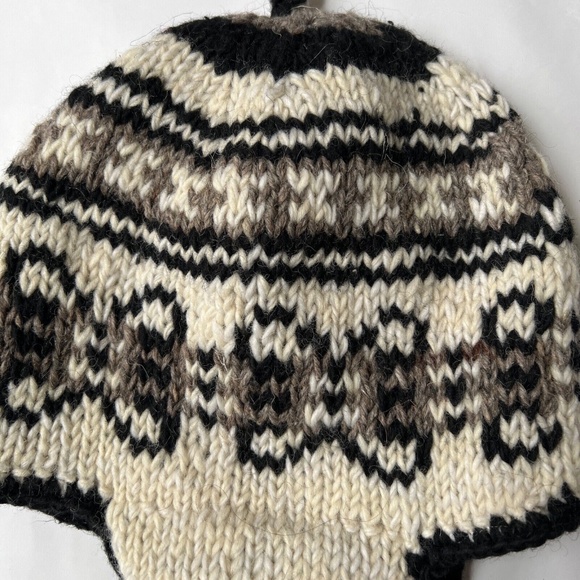 Nepal Wool Trapper HAT Tassels Nordic Knit Pattern Winter Ear Flaps Cream Brown - Picture 2 of 6